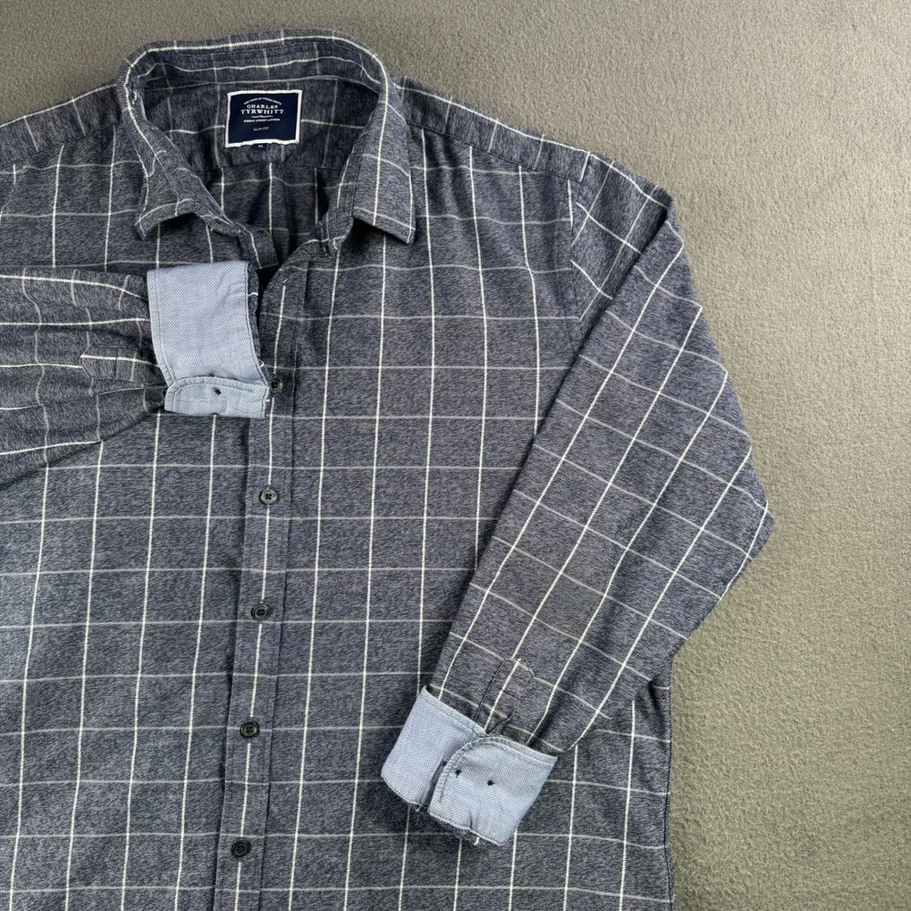 Charles Tyrwhitt Shirt Men XL Slim‎ Fit Gray Plaid 100% Cotton Flip Cuff Check - Picture 7 of 9